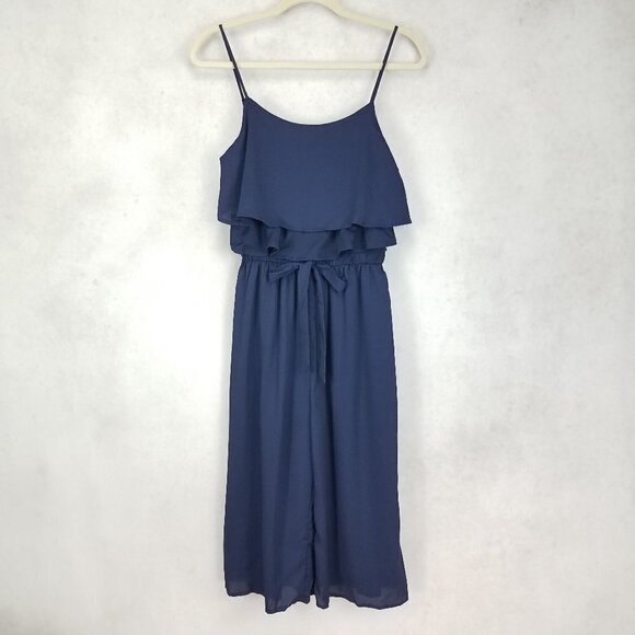 NEW One Clothing Size S Sleeveless Ruffle Pant Jumpsuit Cropped Wide Leg in Navy - Picture 1 of 12